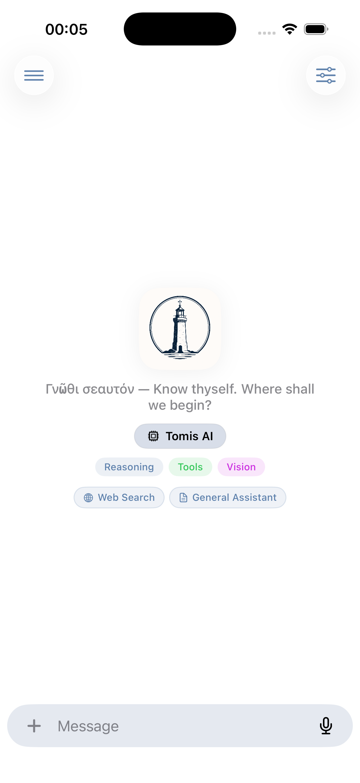 Tomis app showing its private AI conversation start screen